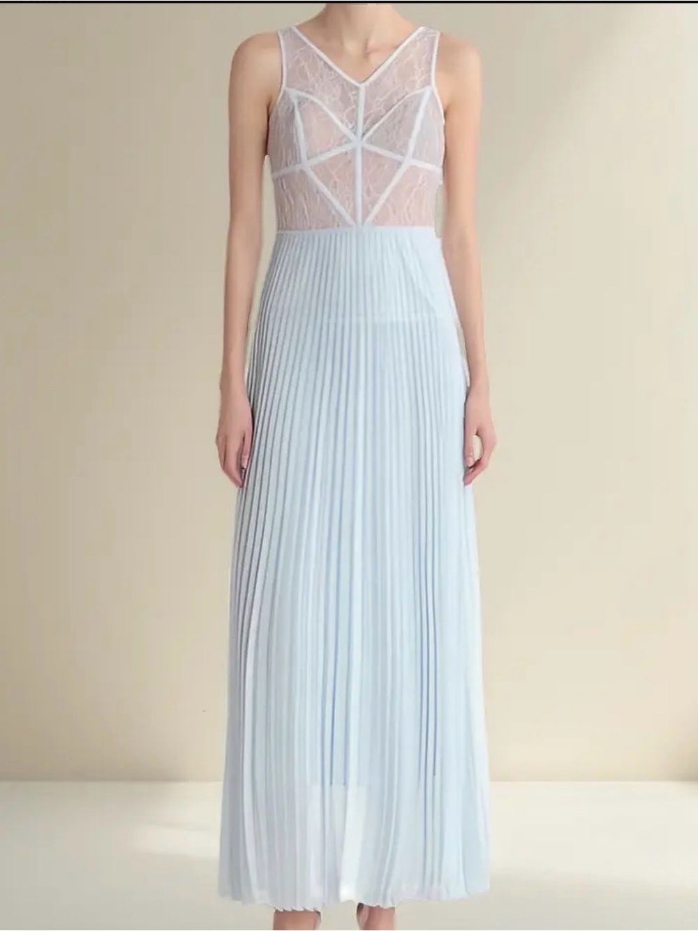 BCBGMaxAzria Light Blue Lace Bodice Pleated Maxi Dress